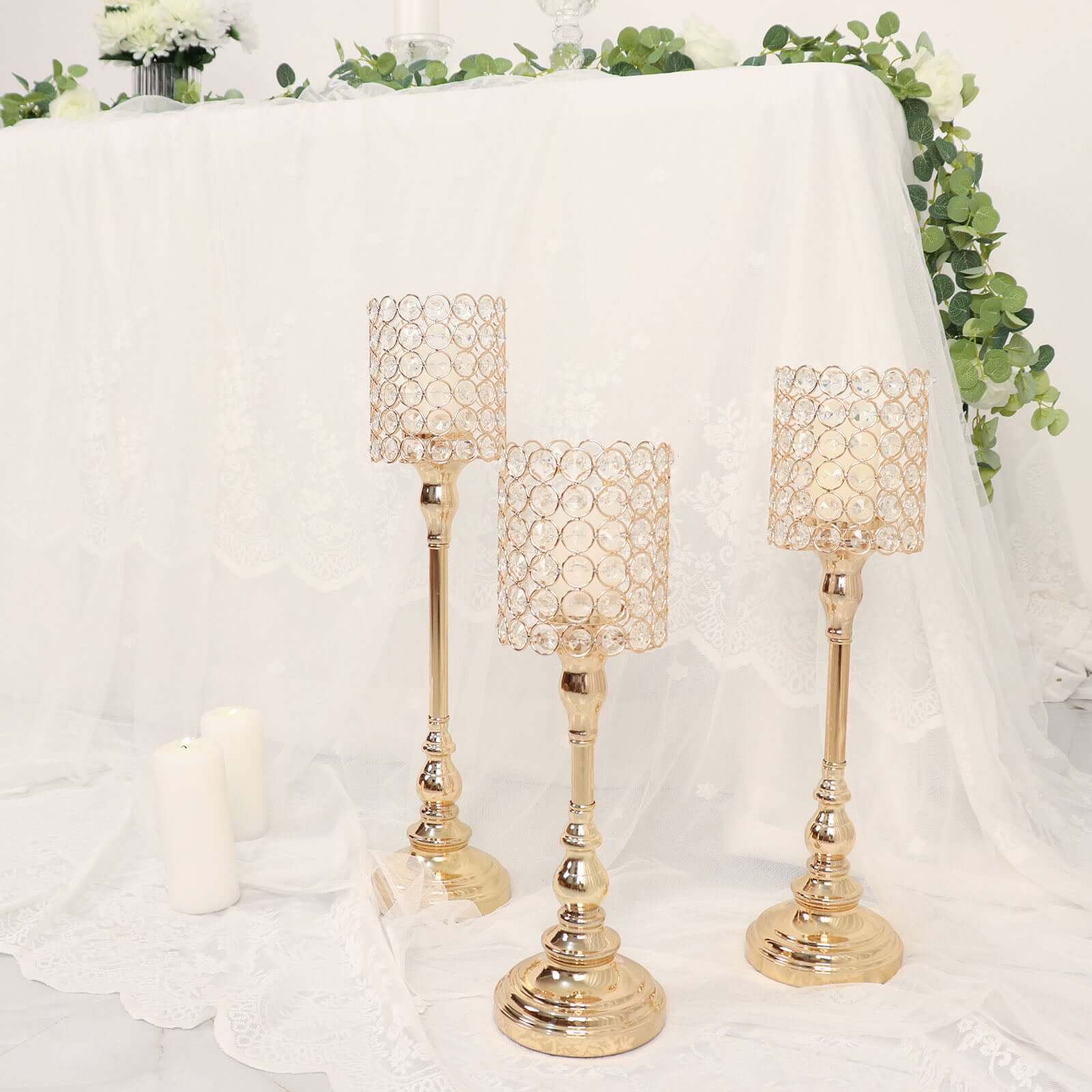 Set of 3 Crystal Beaded Goblet Votive Candle Holder Stands Gold - Tea Light Centerpiece 18", 16", 14" - Bell Racket Store