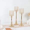 Set of 3 Crystal Beaded Goblet Votive Candle Holder Stands Gold - Tea Light Centerpiece 18", 16", 14" - Bell Racket Store