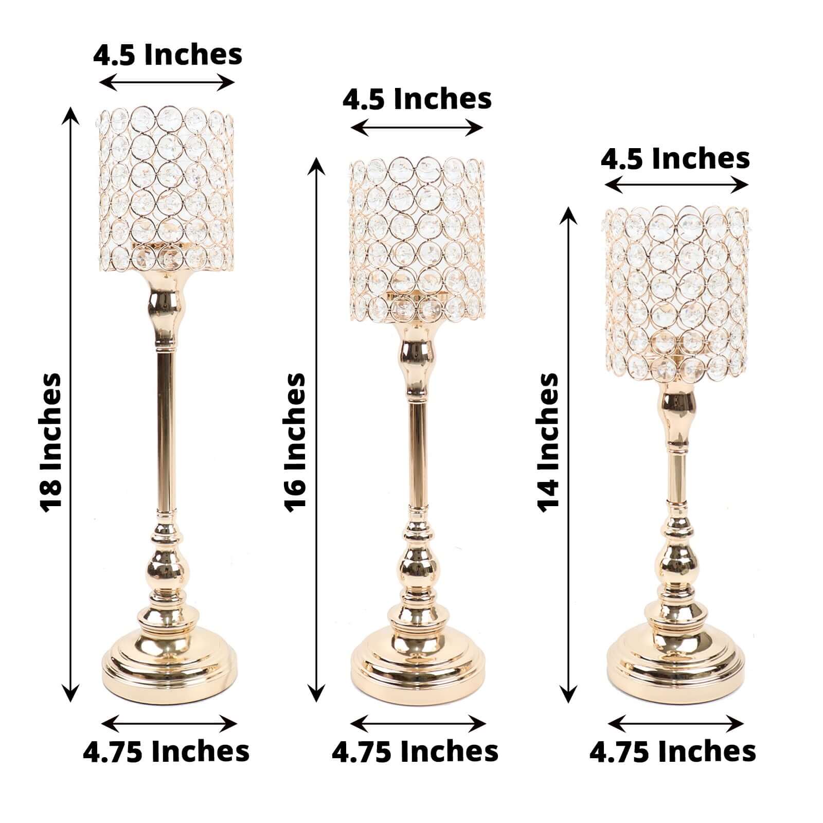 Set of 3 Crystal Beaded Goblet Votive Candle Holder Stands Gold - Tea Light Centerpiece 18", 16", 14" - Bell Racket Store