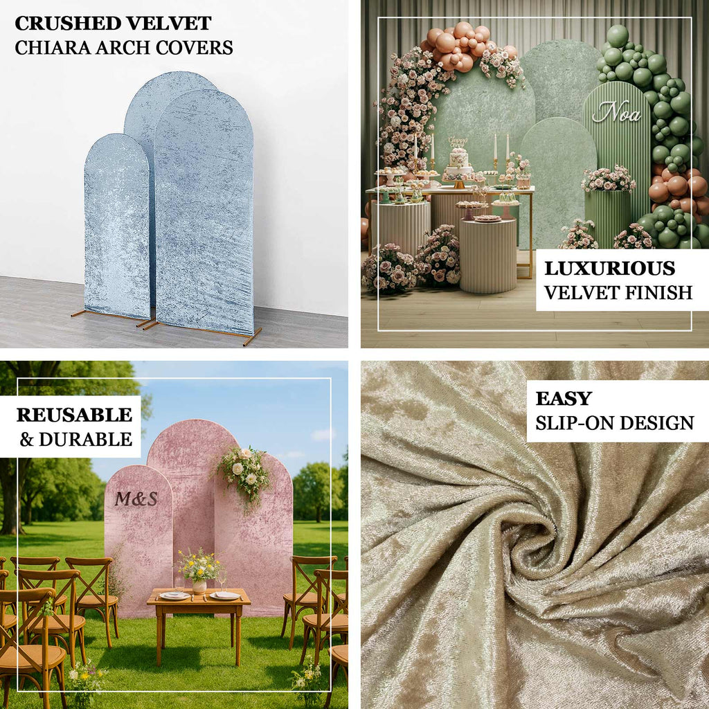 Set of 3 Dusty Blue Crushed Velvet Chiara Backdrop Stand Covers For Round Top Wedding Arches - 5ft, 6ft, 7ft - Bell Racket Store