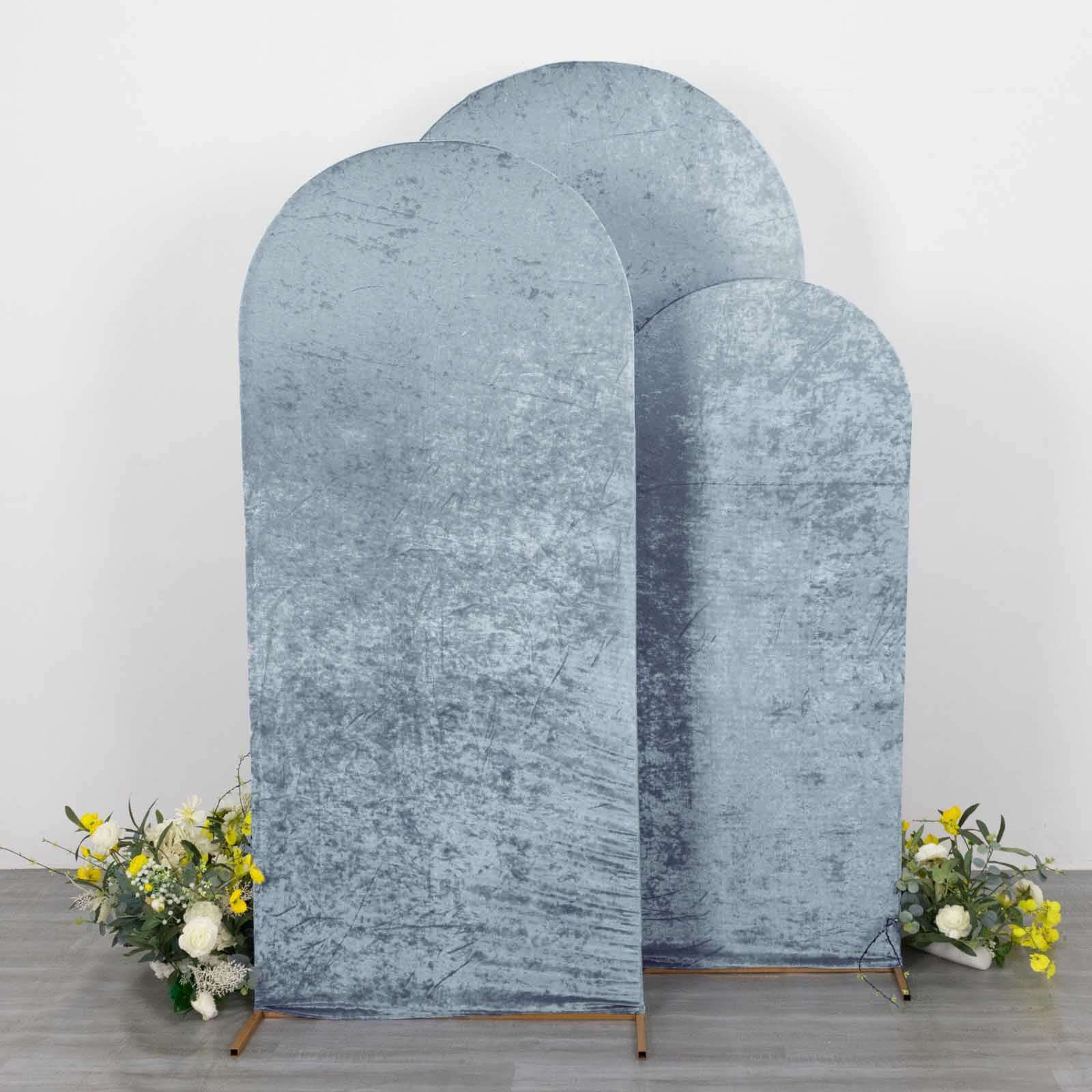 Set of 3 Dusty Blue Crushed Velvet Chiara Backdrop Stand Covers For Round Top Wedding Arches - 5ft, 6ft, 7ft - Bell Racket Store