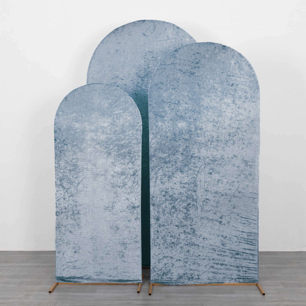 Set of 3 Dusty Blue Crushed Velvet Chiara Backdrop Stand Covers For Round Top Wedding Arches - 5ft, 6ft, 7ft - Bell Racket Store