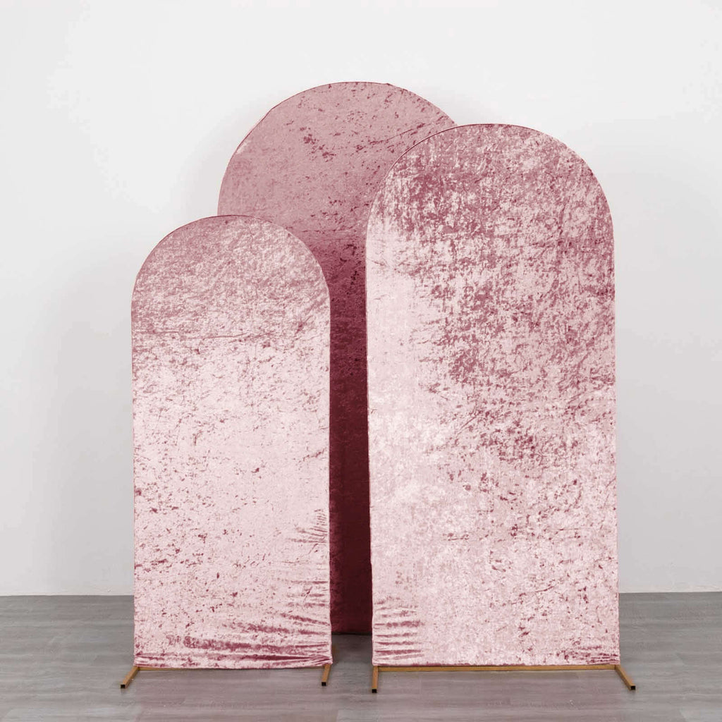 Set of 3 Dusty Rose Crushed Velvet Chiara Backdrop Stand Covers For Round Top Wedding Arches - 5ft, 6ft, 7ft - Bell Racket Store
