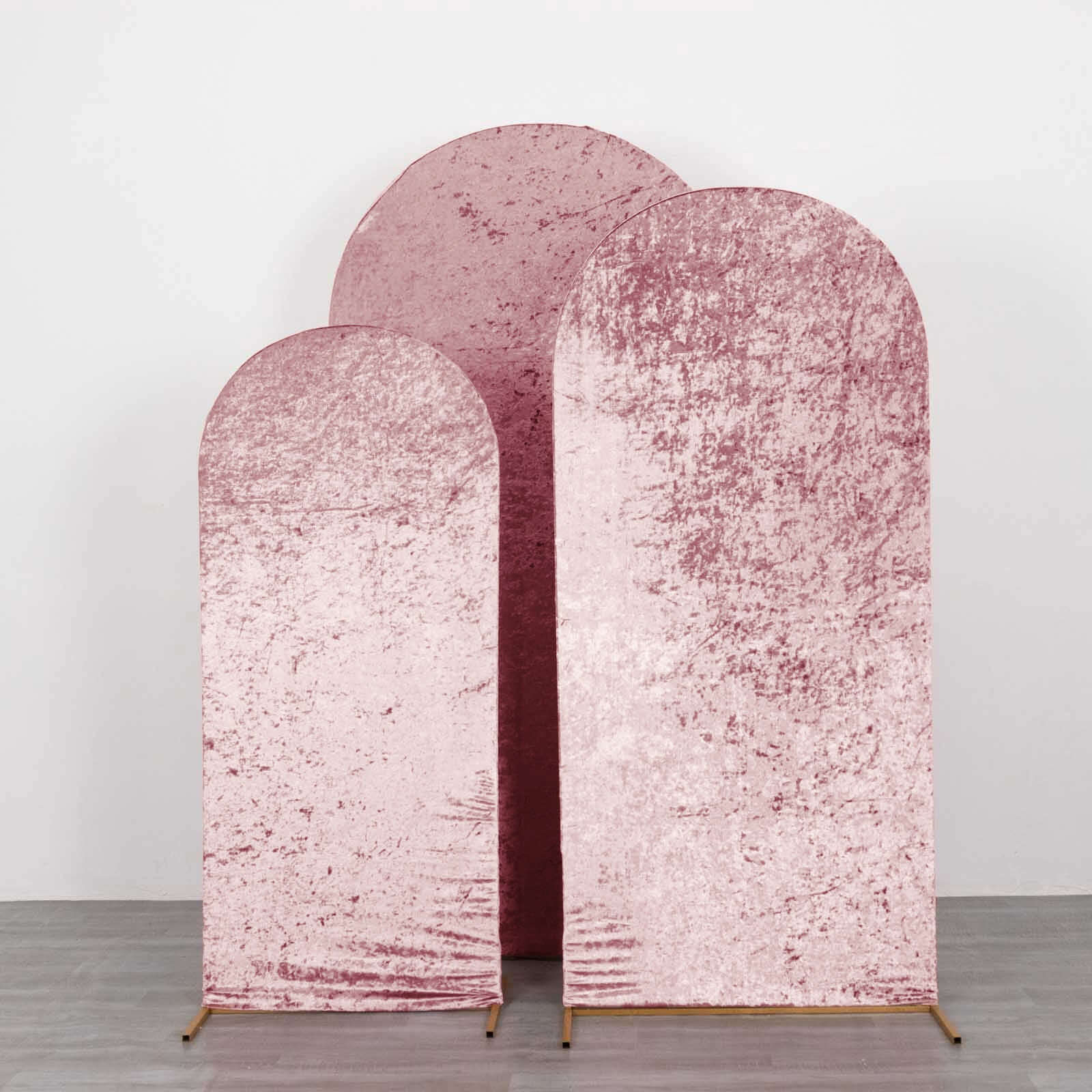 Set of 3 Dusty Rose Crushed Velvet Chiara Backdrop Stand Covers For Round Top Wedding Arches - 5ft, 6ft, 7ft - Bell Racket Store