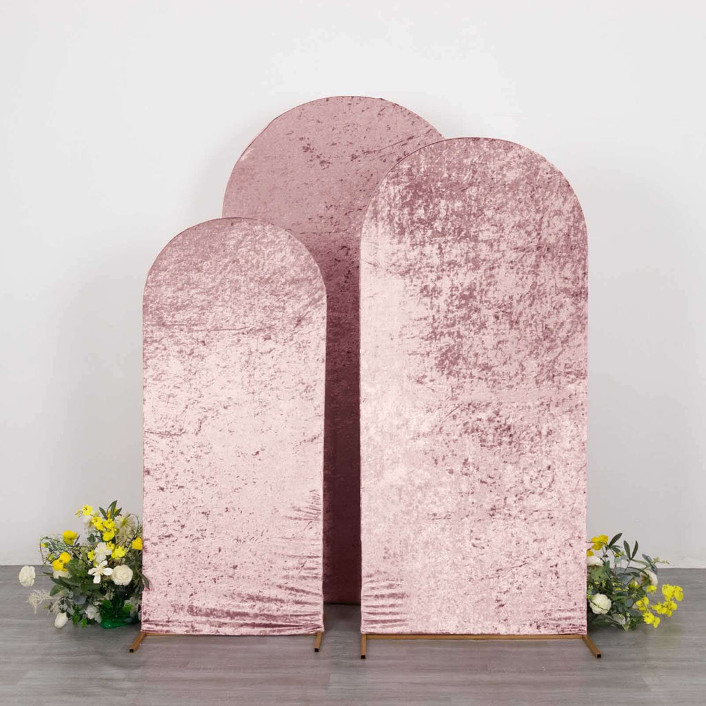 Set of 3 Dusty Rose Crushed Velvet Chiara Backdrop Stand Covers For Round Top Wedding Arches - 5ft, 6ft, 7ft - Bell Racket Store