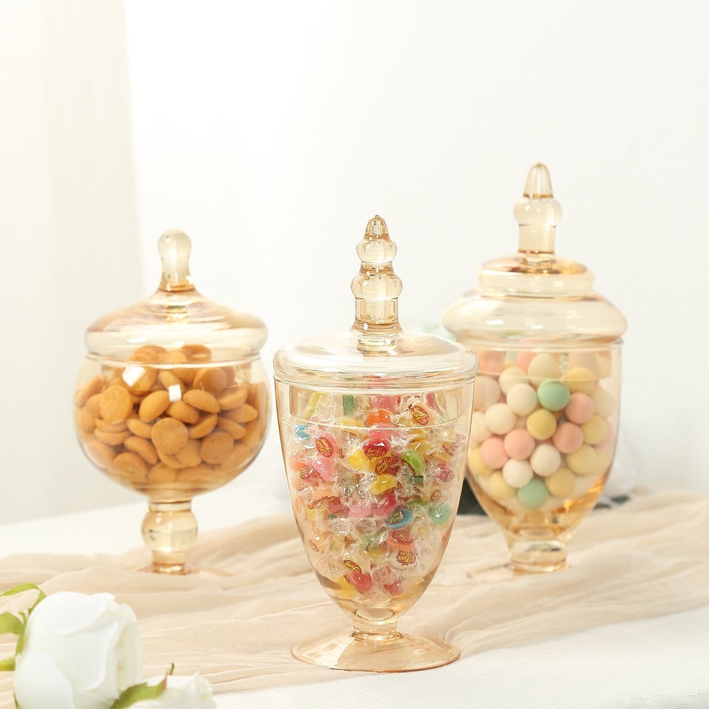 Set of 3 Glass Jars Apothecary Design Amber Gold and Snap - On Lids - Stylish Decorative Candy Buffet Storage 8.5", 9", 10" - Bell Racket Store
