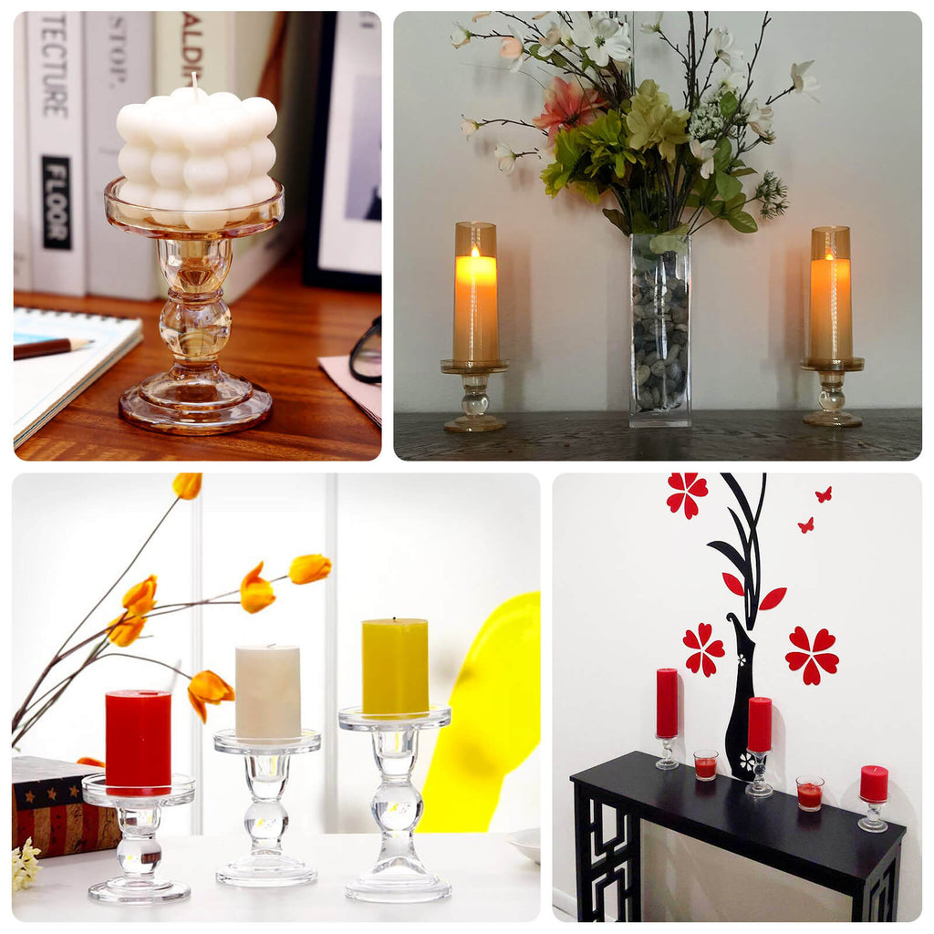 Set of 3 Glass Pillar Candle Holders Amber Gold with Round Tray - Crystal Ball Stem Taper Candlestick Tea Light Stands 3.5", 4.5", 5.5" - Bell Racket Store