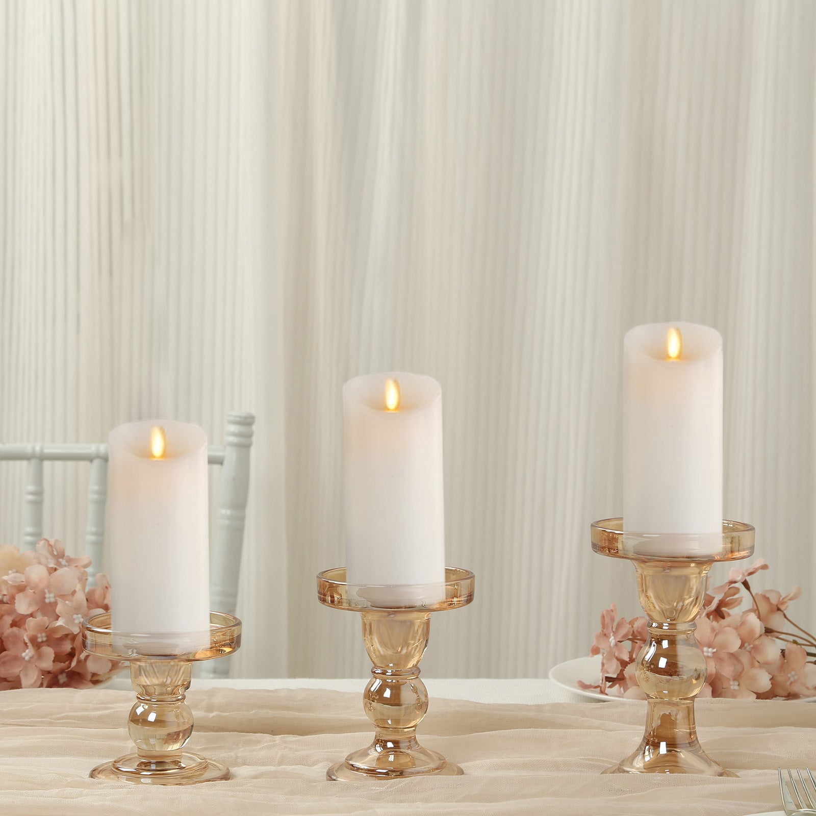 Set of 3 Glass Pillar Candle Holders Amber Gold with Round Tray - Crystal Ball Stem Taper Candlestick Tea Light Stands 3.5", 4.5", 5.5" - Bell Racket Store