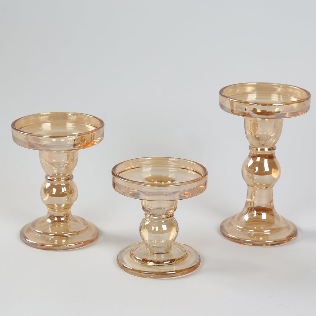 Set of 3 Glass Pillar Candle Holders Amber Gold with Round Tray - Crystal Ball Stem Taper Candlestick Tea Light Stands 3.5", 4.5", 5.5" - Bell Racket Store