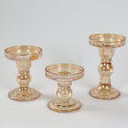 Set of 3 Glass Pillar Candle Holders Amber Gold with Round Tray - Crystal Ball Stem Taper Candlestick Tea Light Stands 3.5", 4.5", 5.5" - Bell Racket Store