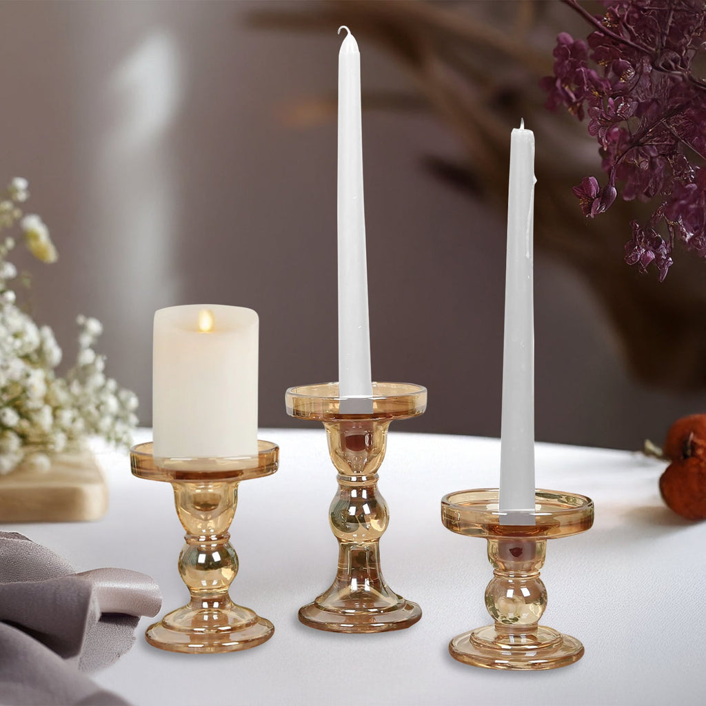 Set of 3 Glass Pillar Candle Holders Amber Gold with Round Tray - Crystal Ball Stem Taper Candlestick Tea Light Stands 3.5", 4.5", 5.5" - Bell Racket Store