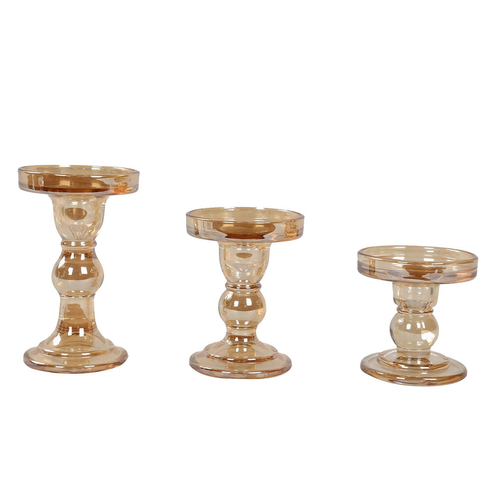 Set of 3 Glass Pillar Candle Holders Amber Gold with Round Tray - Crystal Ball Stem Taper Candlestick Tea Light Stands 3.5", 4.5", 5.5" - Bell Racket Store