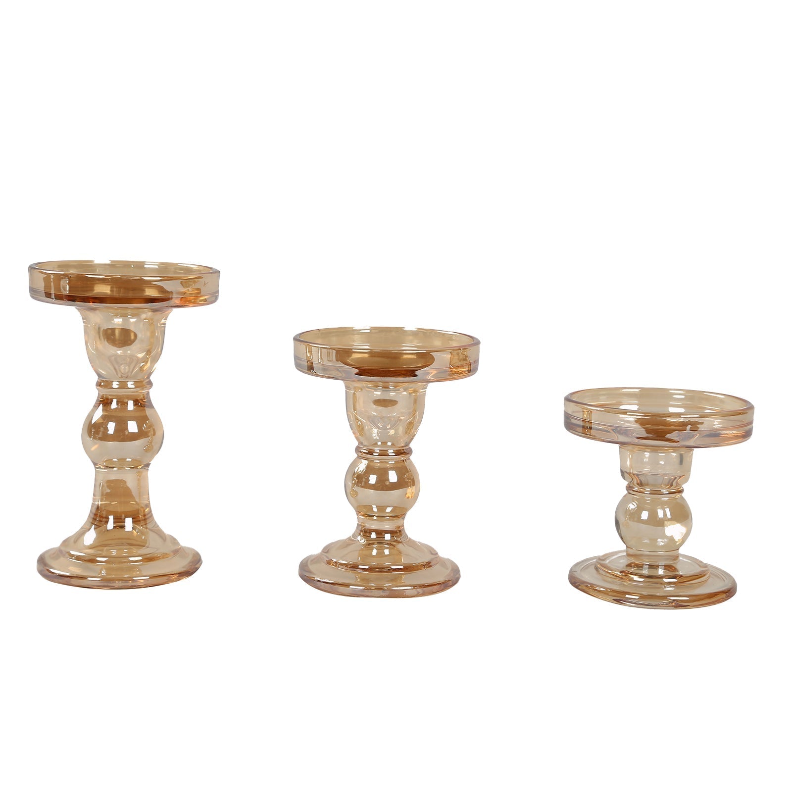 Set of 3 Glass Pillar Candle Holders Amber Gold with Round Tray - Crystal Ball Stem Taper Candlestick Tea Light Stands 3.5", 4.5", 5.5" - Bell Racket Store