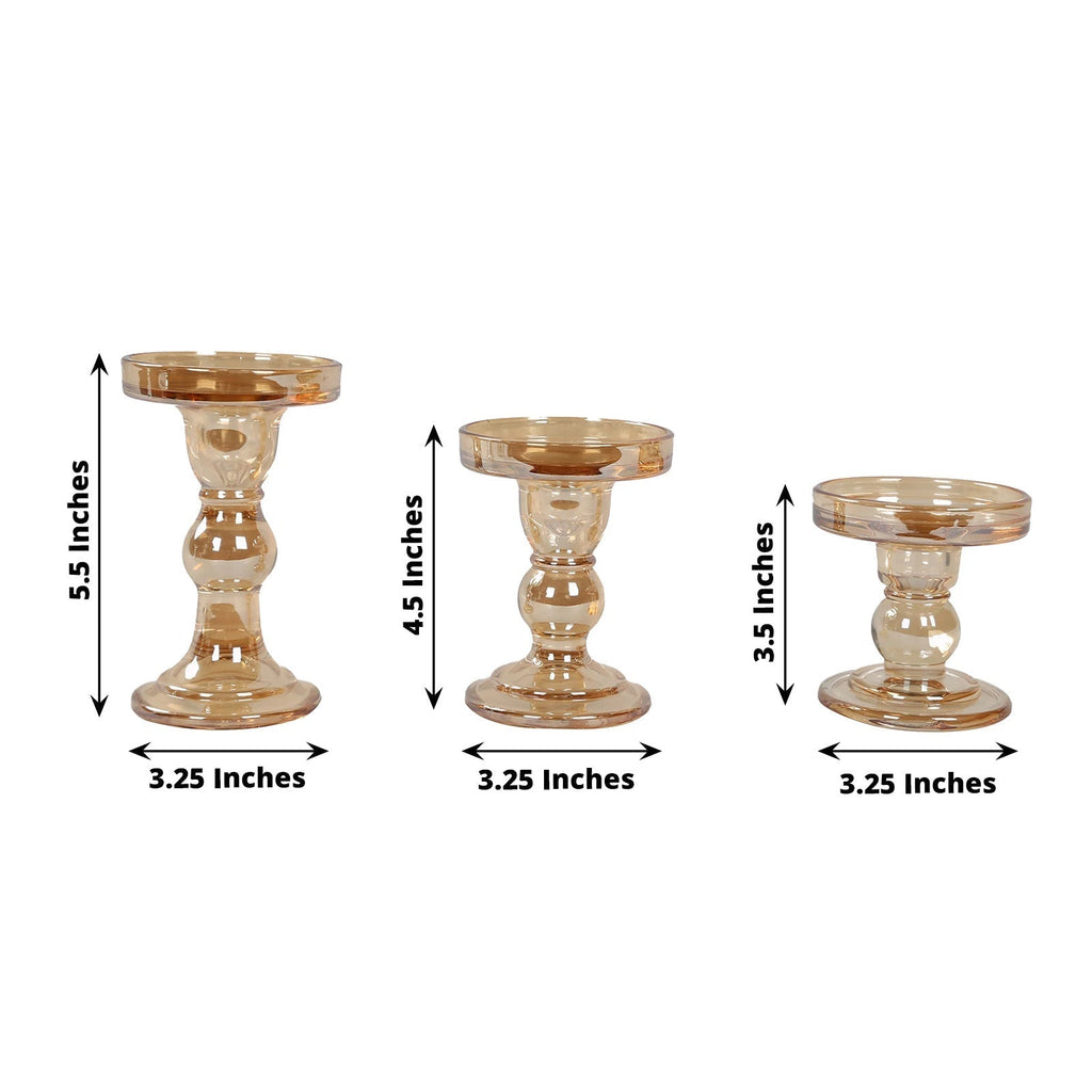 Set of 3 Glass Pillar Candle Holders Amber Gold with Round Tray - Crystal Ball Stem Taper Candlestick Tea Light Stands 3.5", 4.5", 5.5" - Bell Racket Store