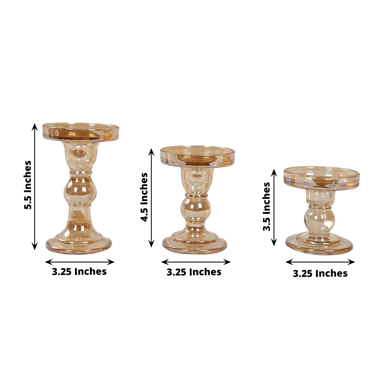 Set of 3 Glass Pillar Candle Holders Amber Gold with Round Tray - Crystal Ball Stem Taper Candlestick Tea Light Stands 3.5", 4.5", 5.5" - Bell Racket Store