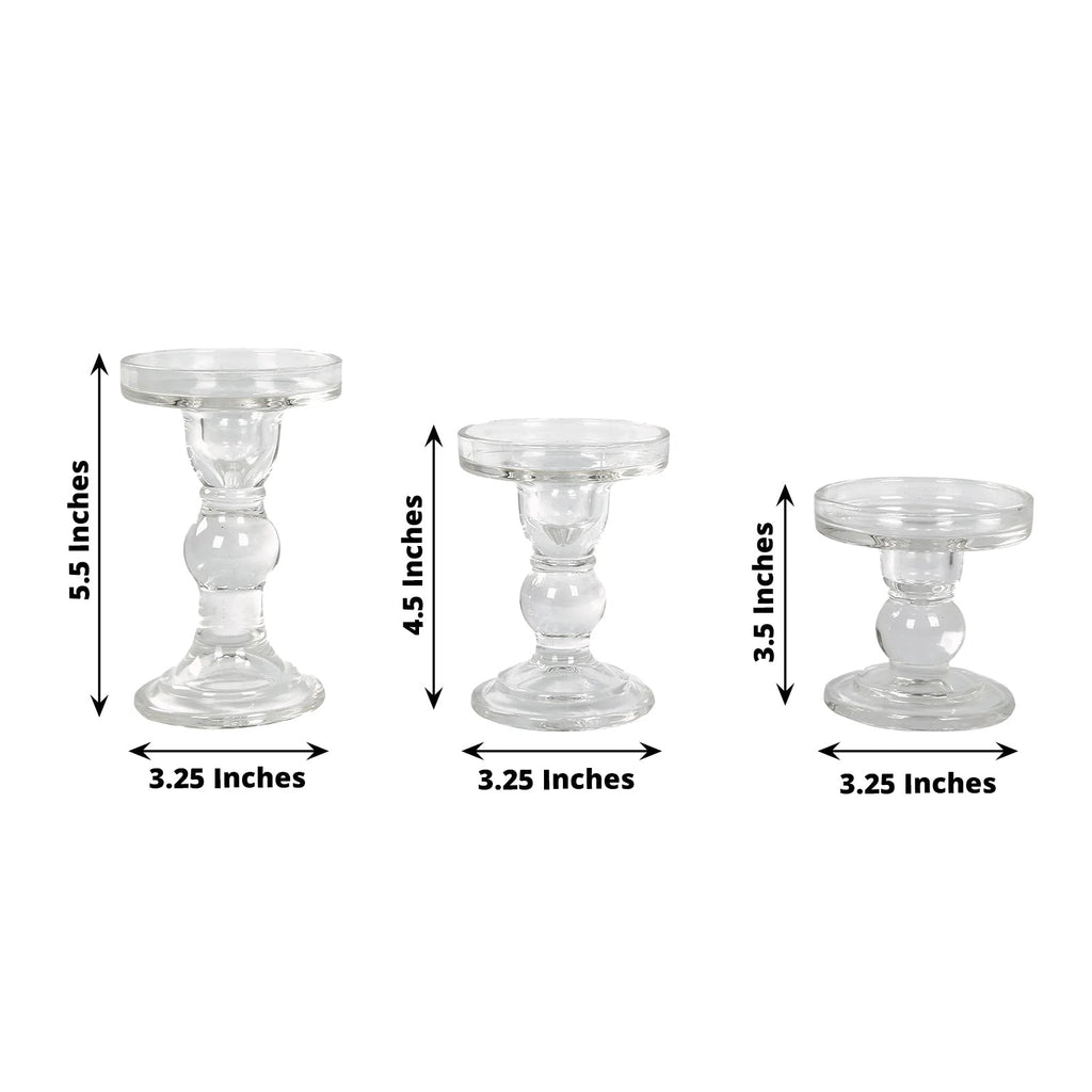 Set of 3 Glass Pillar Candle Holders Clear with Round Tray - Crystal Ball Stem Taper Candlestick Tea Light Stands 3.5", 4.5", 5.5" - Bell Racket Store