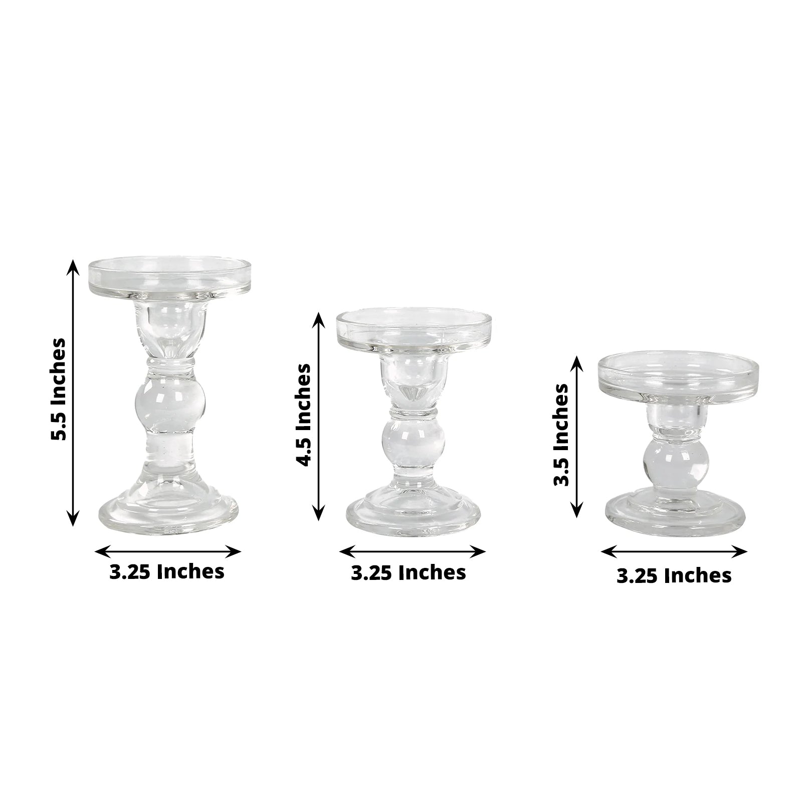 Set of 3 Glass Pillar Candle Holders Clear with Round Tray - Crystal Ball Stem Taper Candlestick Tea Light Stands 3.5", 4.5", 5.5" - Bell Racket Store