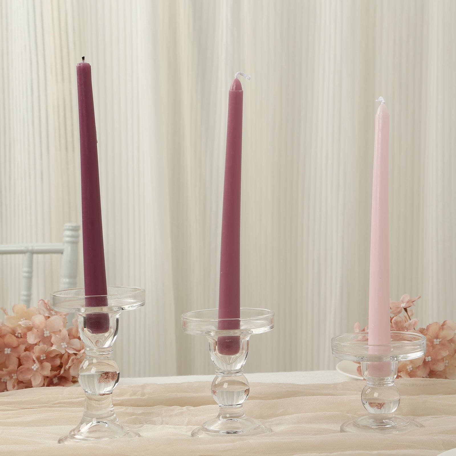 Set of 3 Glass Pillar Candle Holders Clear with Round Tray - Crystal Ball Stem Taper Candlestick Tea Light Stands 3.5", 4.5", 5.5" - Bell Racket Store