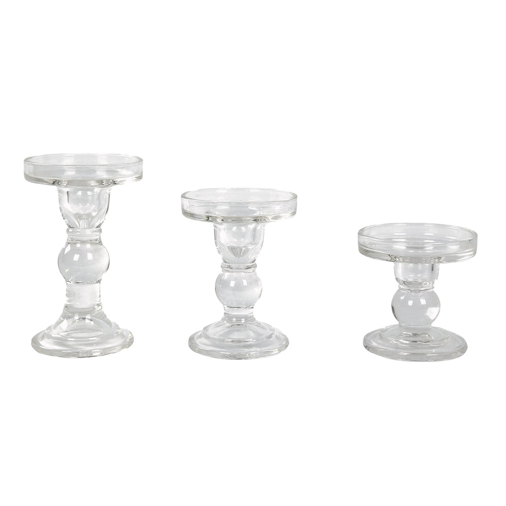 Set of 3 Glass Pillar Candle Holders Clear with Round Tray - Crystal Ball Stem Taper Candlestick Tea Light Stands 3.5", 4.5", 5.5" - Bell Racket Store