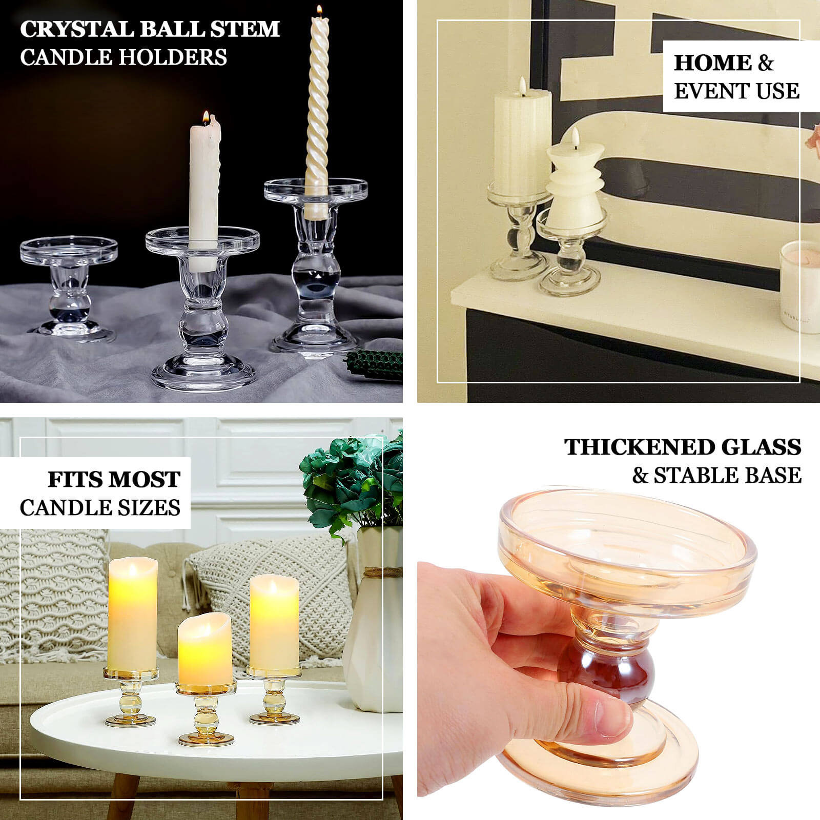 Set of 3 Glass Pillar Candle Holders Clear with Round Tray - Crystal Ball Stem Taper Candlestick Tea Light Stands 3.5", 4.5", 5.5" - Bell Racket Store