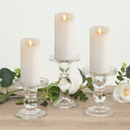 Set of 3 Glass Pillar Candle Holders Clear with Round Tray - Crystal Ball Stem Taper Candlestick Tea Light Stands 3.5", 4.5", 5.5" - Bell Racket Store
