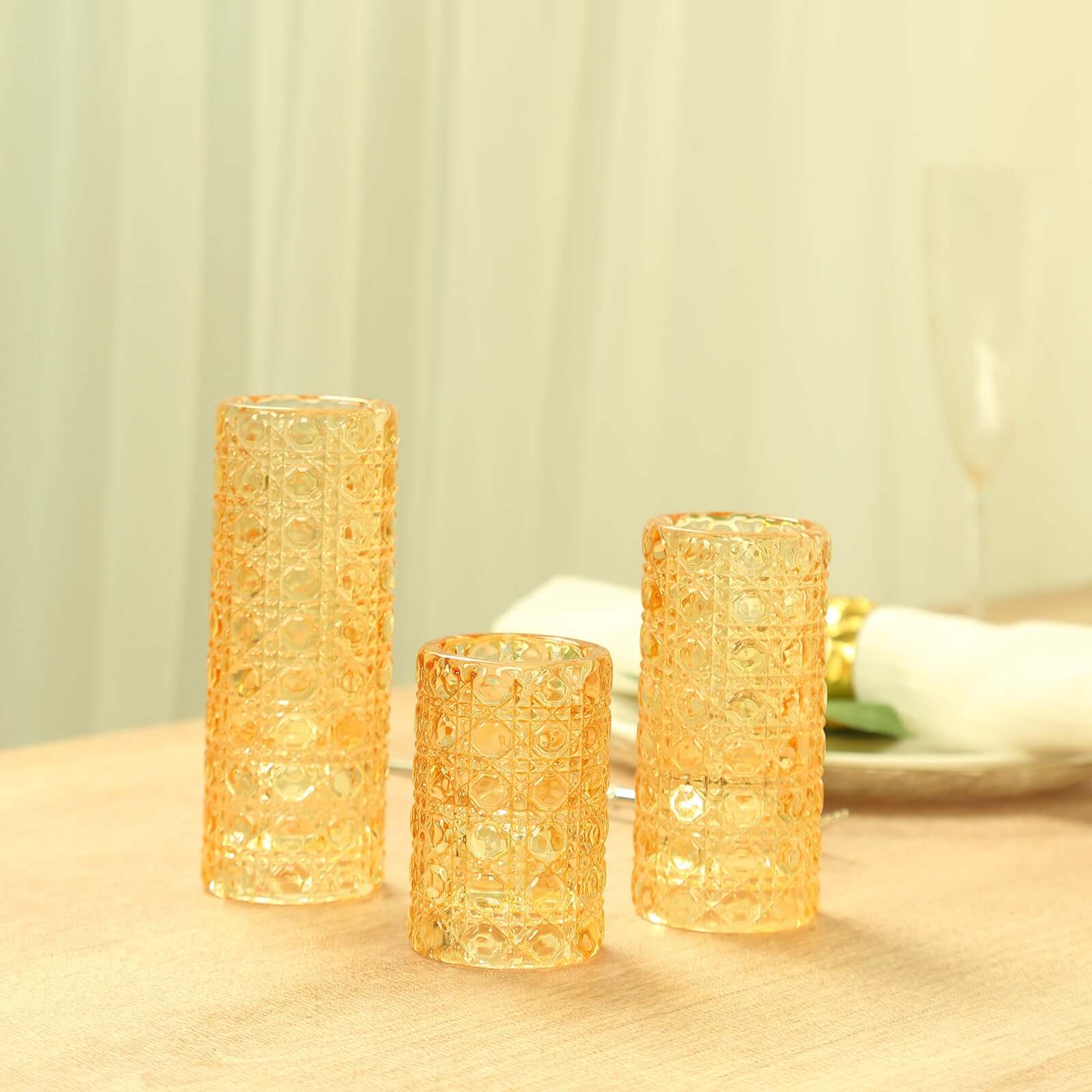 Set of 3 Glass Taper Candle Holders Amber Gold with Gemstone Pattern - Dual Sided Crystal Cylinder Tealight Stands 3", 4", 5.5" - Bell Racket Store