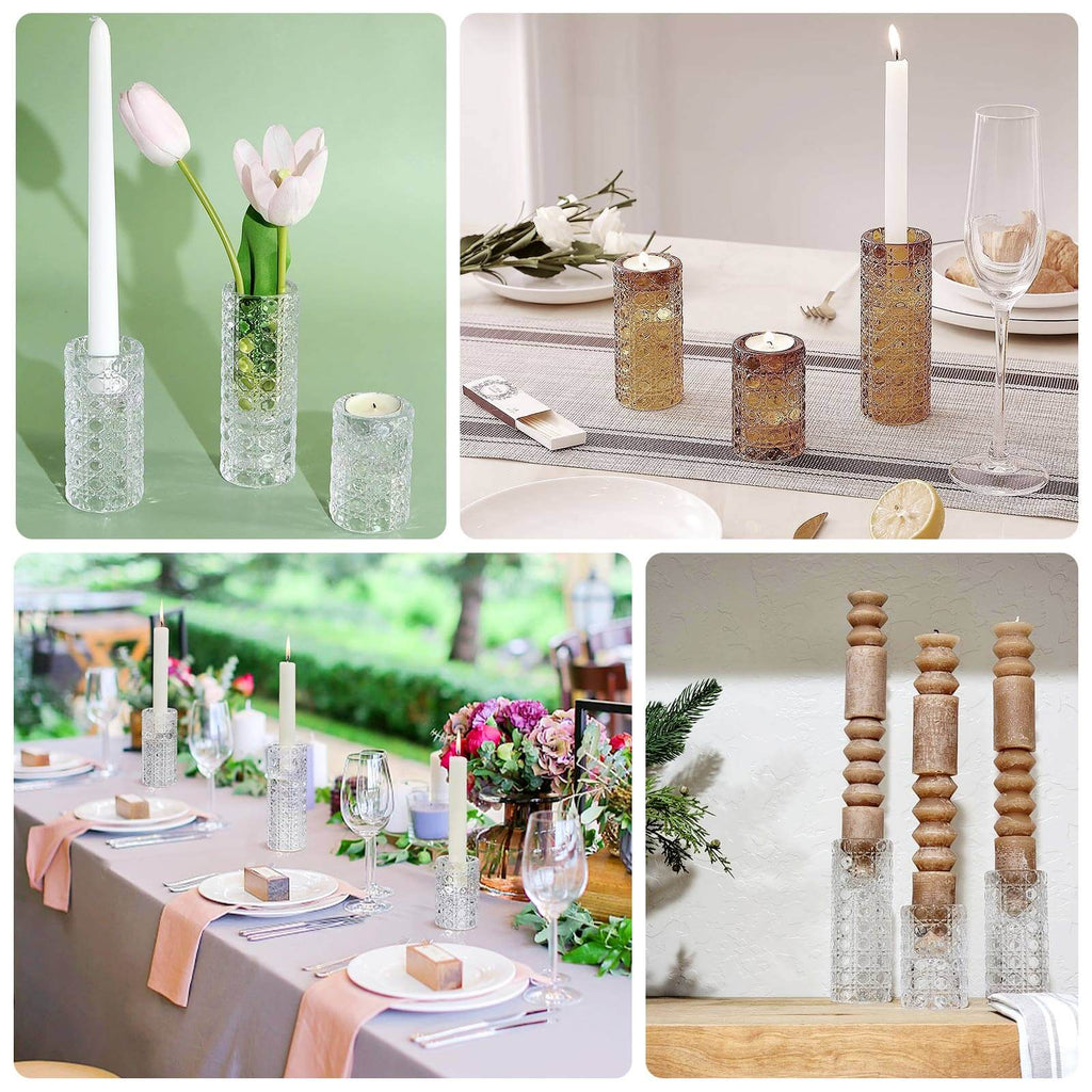 Set of 3 Glass Taper Candle Holders Amber Gold with Gemstone Pattern - Dual Sided Crystal Cylinder Tealight Stands 3", 4", 5.5" - Bell Racket Store