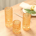 Set of 3 Glass Taper Candle Holders Amber Gold with Gemstone Pattern - Dual Sided Crystal Cylinder Tealight Stands 3", 4", 5.5" - Bell Racket Store
