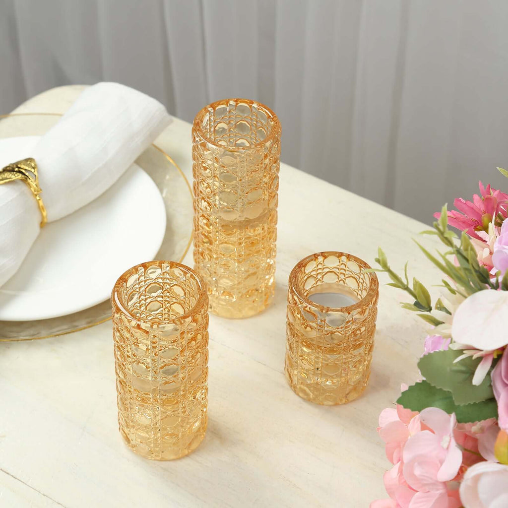 Set of 3 Glass Taper Candle Holders Amber Gold with Gemstone Pattern - Dual Sided Crystal Cylinder Tealight Stands 3", 4", 5.5" - Bell Racket Store