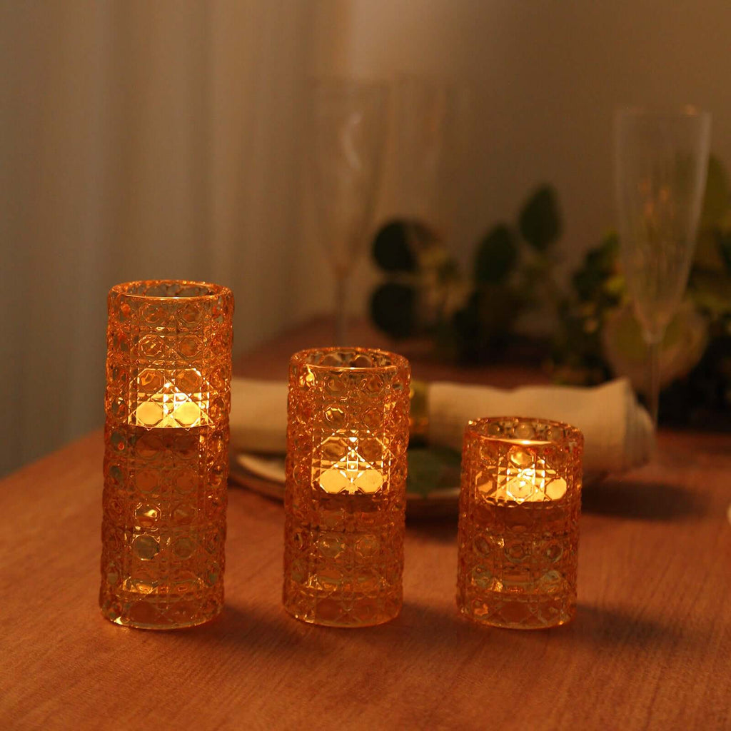 Set of 3 Glass Taper Candle Holders Amber Gold with Gemstone Pattern - Dual Sided Crystal Cylinder Tealight Stands 3", 4", 5.5" - Bell Racket Store