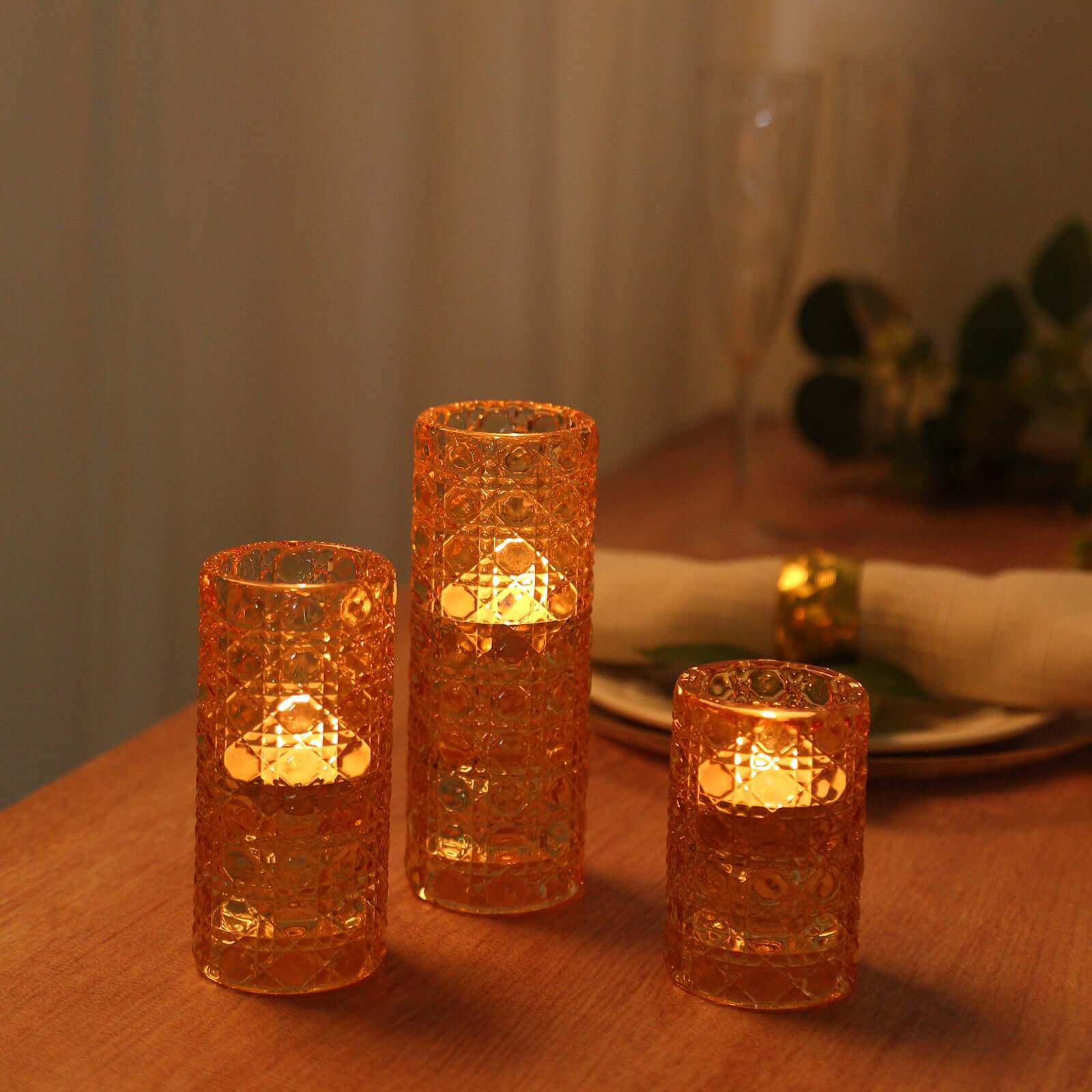 Set of 3 Glass Taper Candle Holders Amber Gold with Gemstone Pattern - Dual Sided Crystal Cylinder Tealight Stands 3", 4", 5.5" - Bell Racket Store