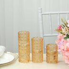 Set of 3 Glass Taper Candle Holders Amber Gold with Gemstone Pattern - Dual Sided Crystal Cylinder Tealight Stands 3", 4", 5.5" - Bell Racket Store