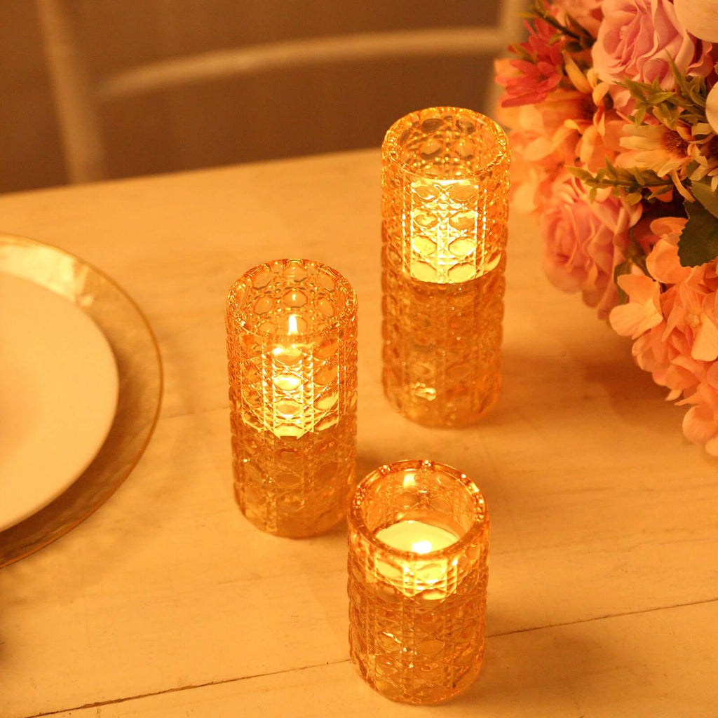 Set of 3 Glass Taper Candle Holders Amber Gold with Gemstone Pattern - Dual Sided Crystal Cylinder Tealight Stands 3", 4", 5.5" - Bell Racket Store