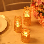 Set of 3 Glass Taper Candle Holders Amber Gold with Gemstone Pattern - Dual Sided Crystal Cylinder Tealight Stands 3", 4", 5.5" - Bell Racket Store