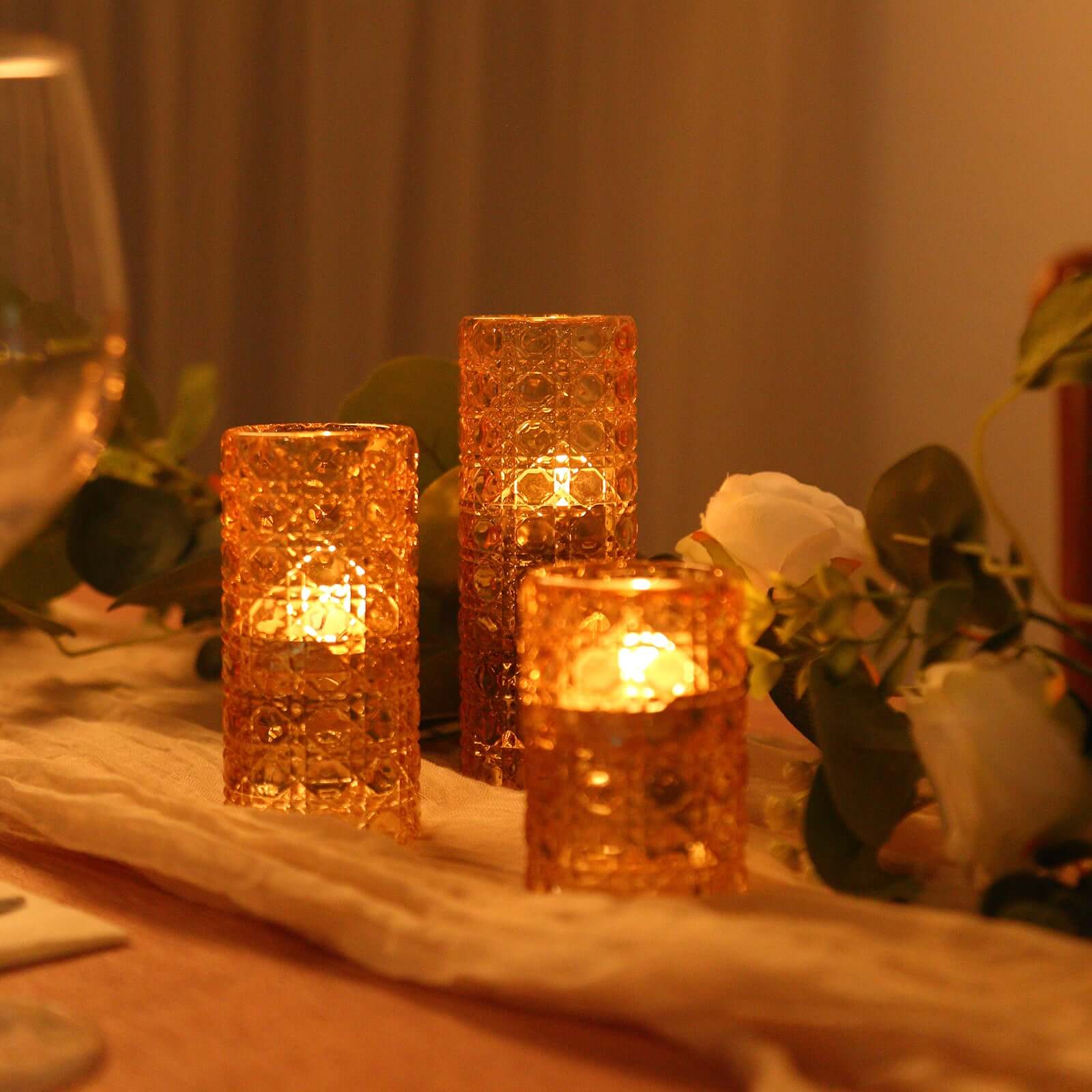 Set of 3 Glass Taper Candle Holders Amber Gold with Gemstone Pattern - Dual Sided Crystal Cylinder Tealight Stands 3", 4", 5.5" - Bell Racket Store