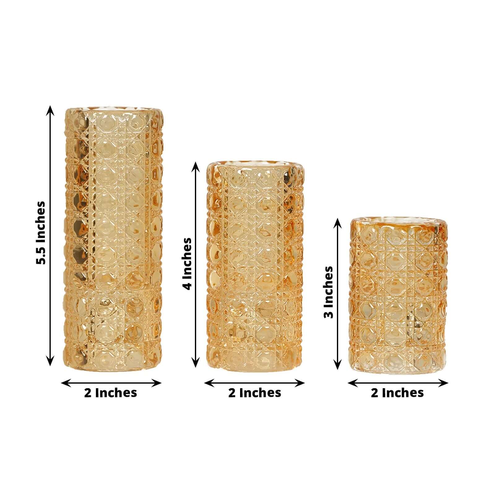 Set of 3 Glass Taper Candle Holders Amber Gold with Gemstone Pattern - Dual Sided Crystal Cylinder Tealight Stands 3", 4", 5.5" - Bell Racket Store