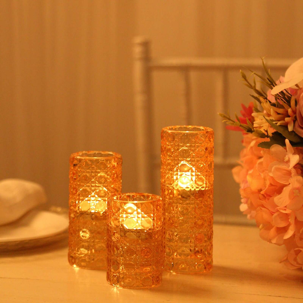 Set of 3 Glass Taper Candle Holders Amber Gold with Gemstone Pattern - Dual Sided Crystal Cylinder Tealight Stands 3", 4", 5.5" - Bell Racket Store