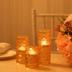 Set of 3 Glass Taper Candle Holders Amber Gold with Gemstone Pattern - Dual Sided Crystal Cylinder Tealight Stands 3", 4", 5.5" - Bell Racket Store