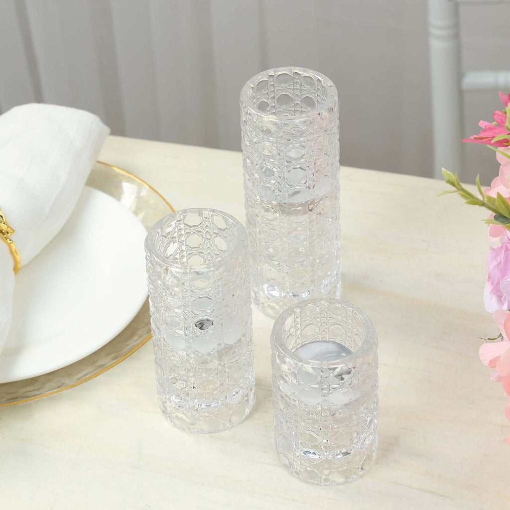 Set of 3 Glass Taper Candle Holders Clear with Gemstone Pattern - Dual Sided Crystal Cylinder Tealight Stands 3", 4", 5.5" - Bell Racket Store