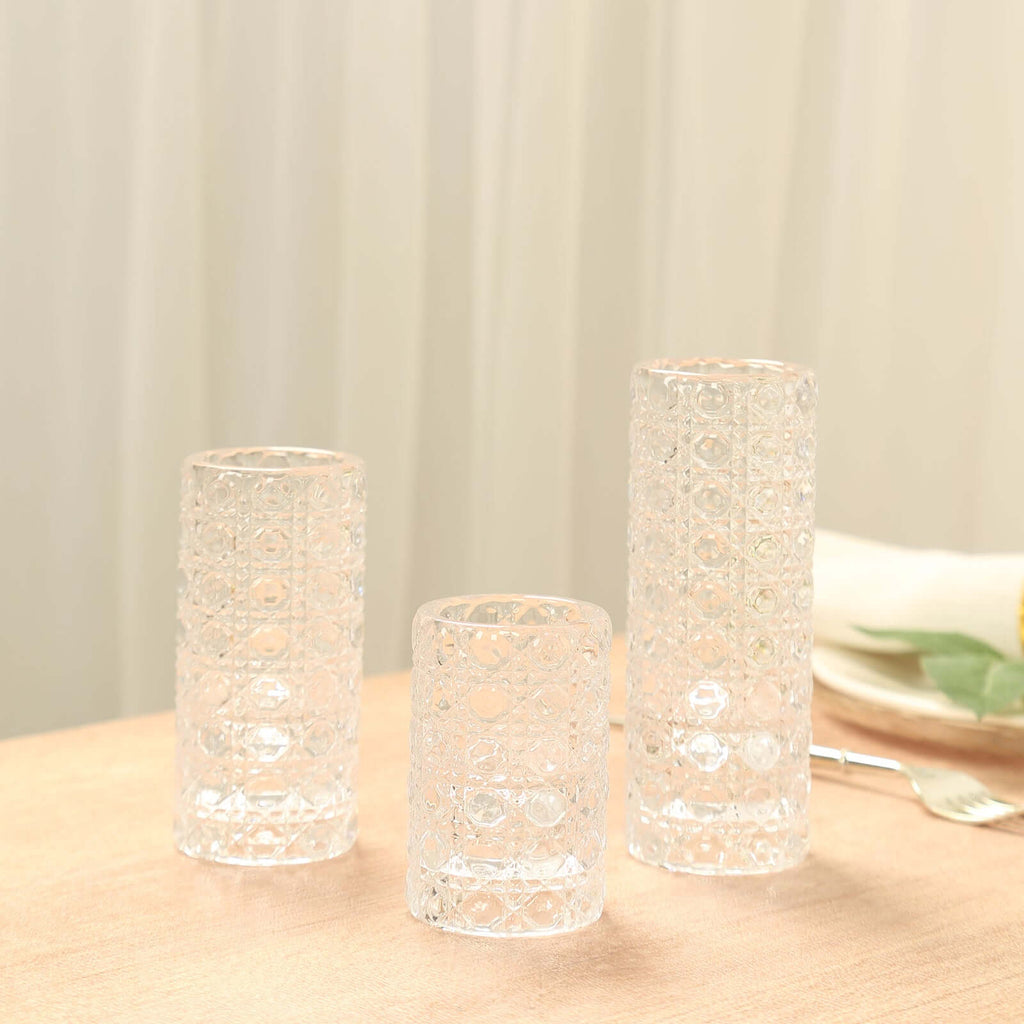 Set of 3 Glass Taper Candle Holders Clear with Gemstone Pattern - Dual Sided Crystal Cylinder Tealight Stands 3", 4", 5.5" - Bell Racket Store
