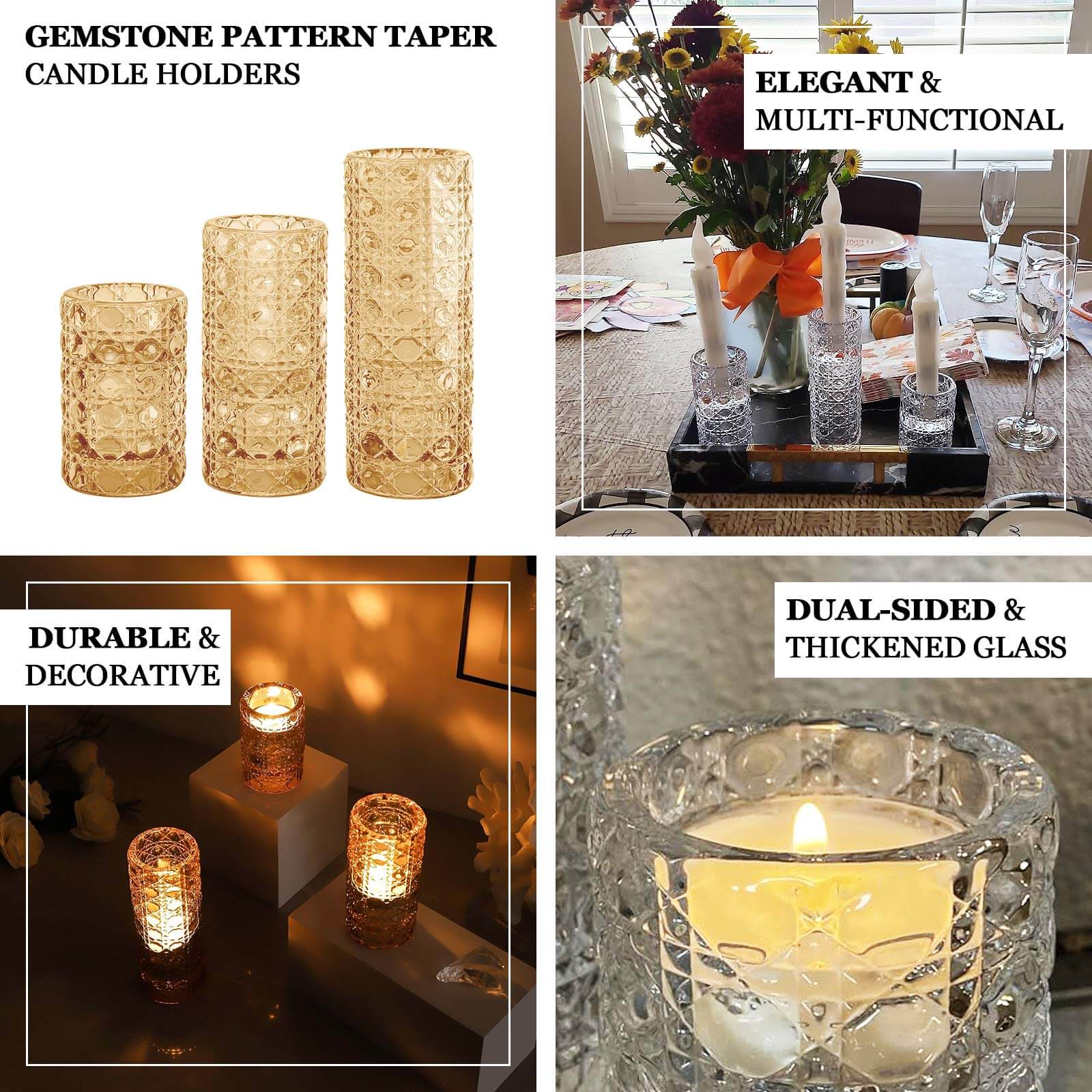 Set of 3 Glass Taper Candle Holders Clear with Gemstone Pattern - Dual Sided Crystal Cylinder Tealight Stands 3", 4", 5.5" - Bell Racket Store