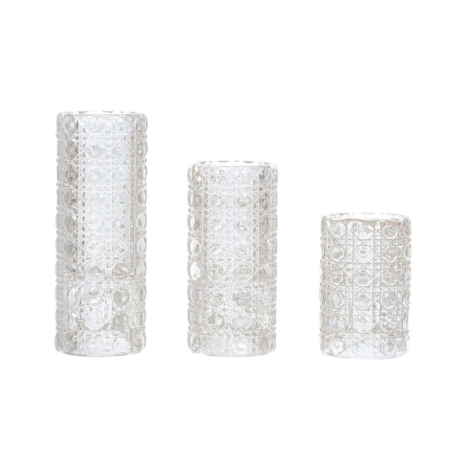 Set of 3 Glass Taper Candle Holders Clear with Gemstone Pattern - Dual Sided Crystal Cylinder Tealight Stands 3", 4", 5.5" - Bell Racket Store