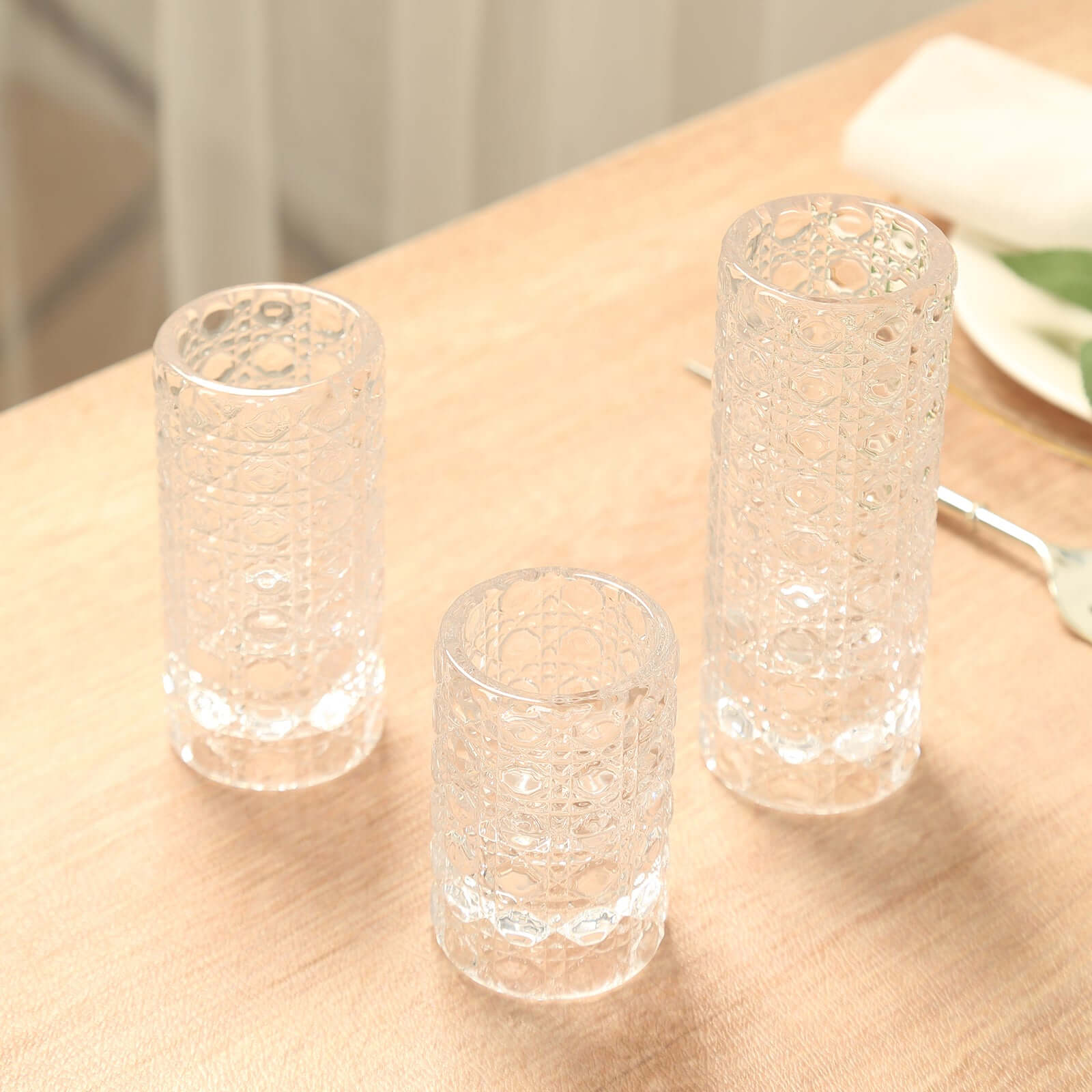 Set of 3 Glass Taper Candle Holders Clear with Gemstone Pattern - Dual Sided Crystal Cylinder Tealight Stands 3", 4", 5.5" - Bell Racket Store