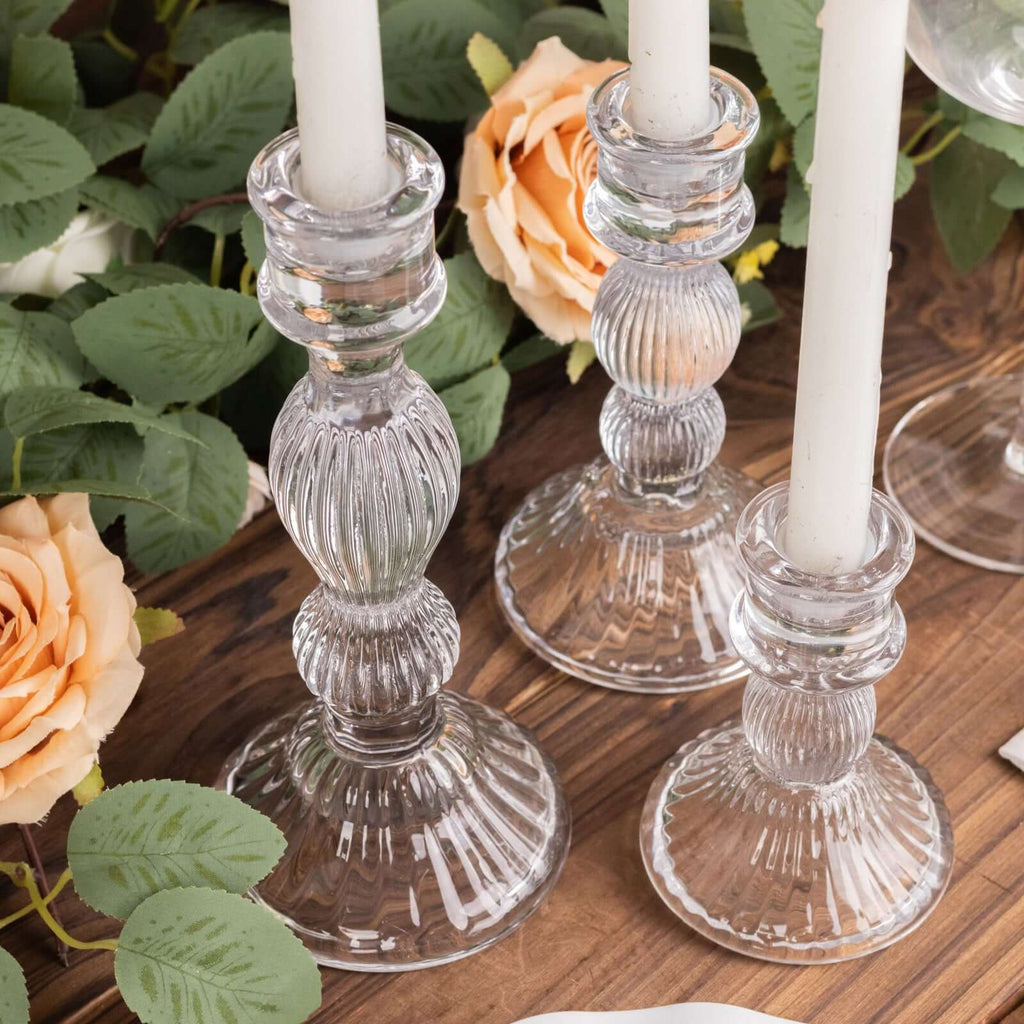 Set of 3 Glass Taper Candle Holders Fluted Design Clear - Ribbed Crystal Candlestick Stands 4", 6", 8" - Bell Racket Store