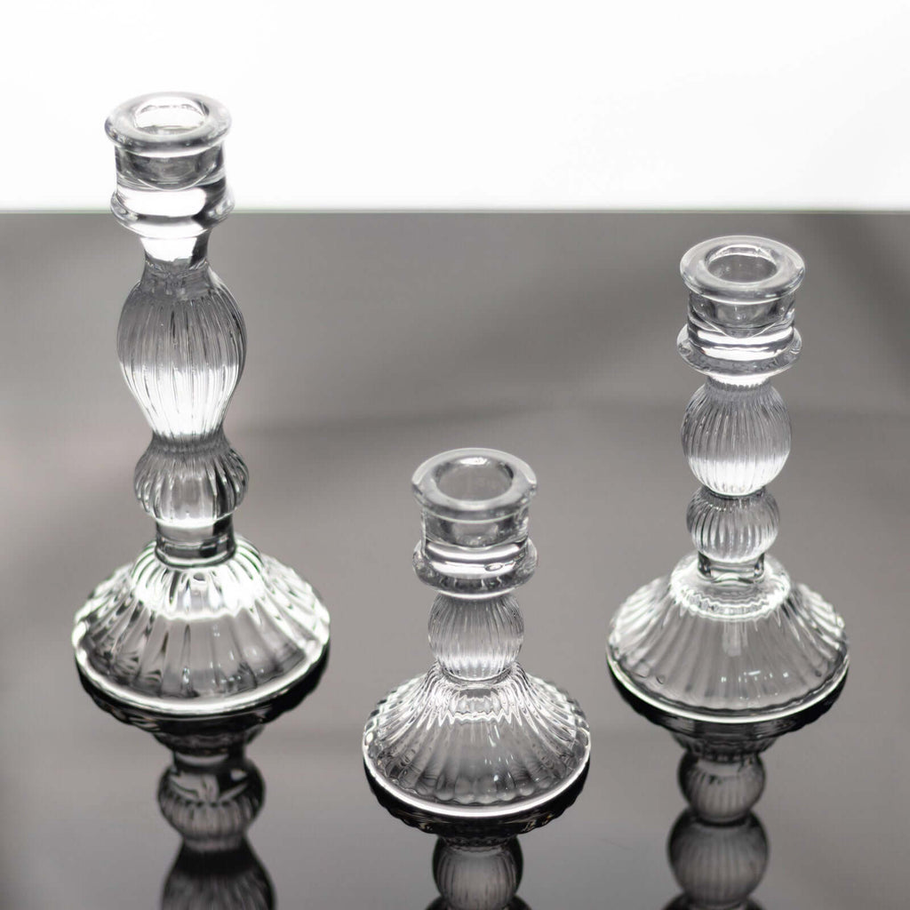Set of 3 Glass Taper Candle Holders Fluted Design Clear - Ribbed Crystal Candlestick Stands 4", 6", 8" - Bell Racket Store