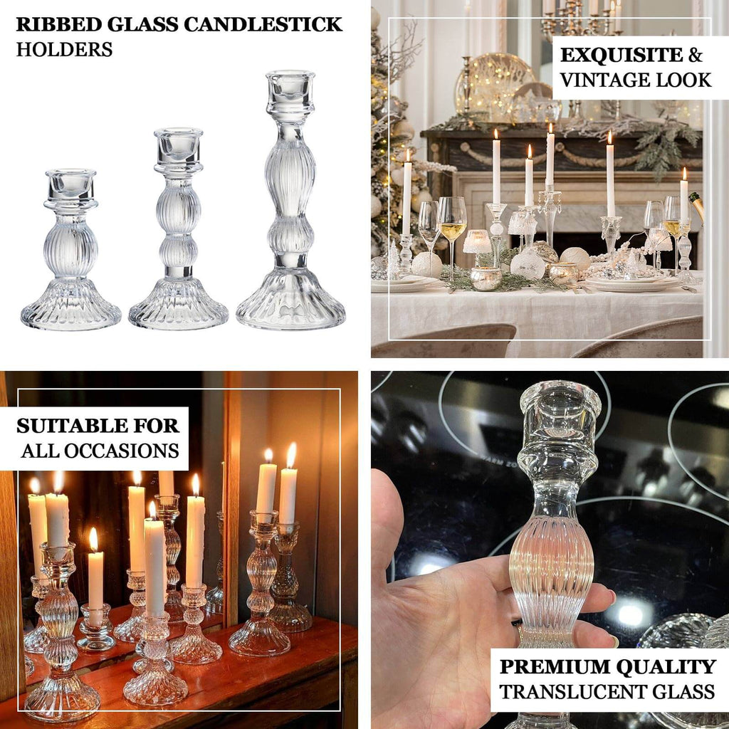 Set of 3 Glass Taper Candle Holders Fluted Design Clear - Ribbed Crystal Candlestick Stands 4", 6", 8" - Bell Racket Store