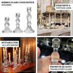 Set of 3 Glass Taper Candle Holders Fluted Design Clear - Ribbed Crystal Candlestick Stands 4", 6", 8" - Bell Racket Store