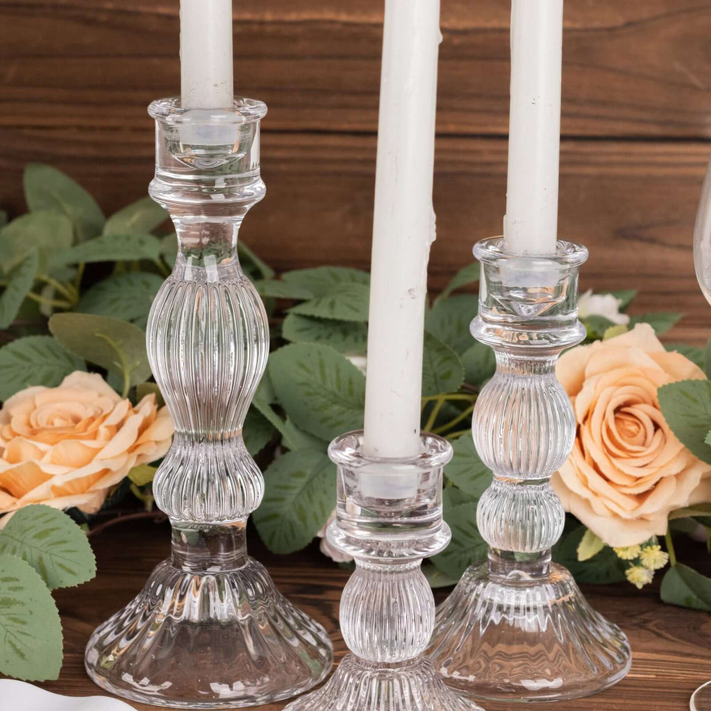 Set of 3 Glass Taper Candle Holders Fluted Design Clear - Ribbed Crystal Candlestick Stands 4", 6", 8" - Bell Racket Store