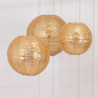 Set of 3 Glitter Gold Sequin Fabric Hanging Lanterns, Decorative Round Foldable Chinese Lantern Lampshades - 8",10",12" - Bell Racket Store