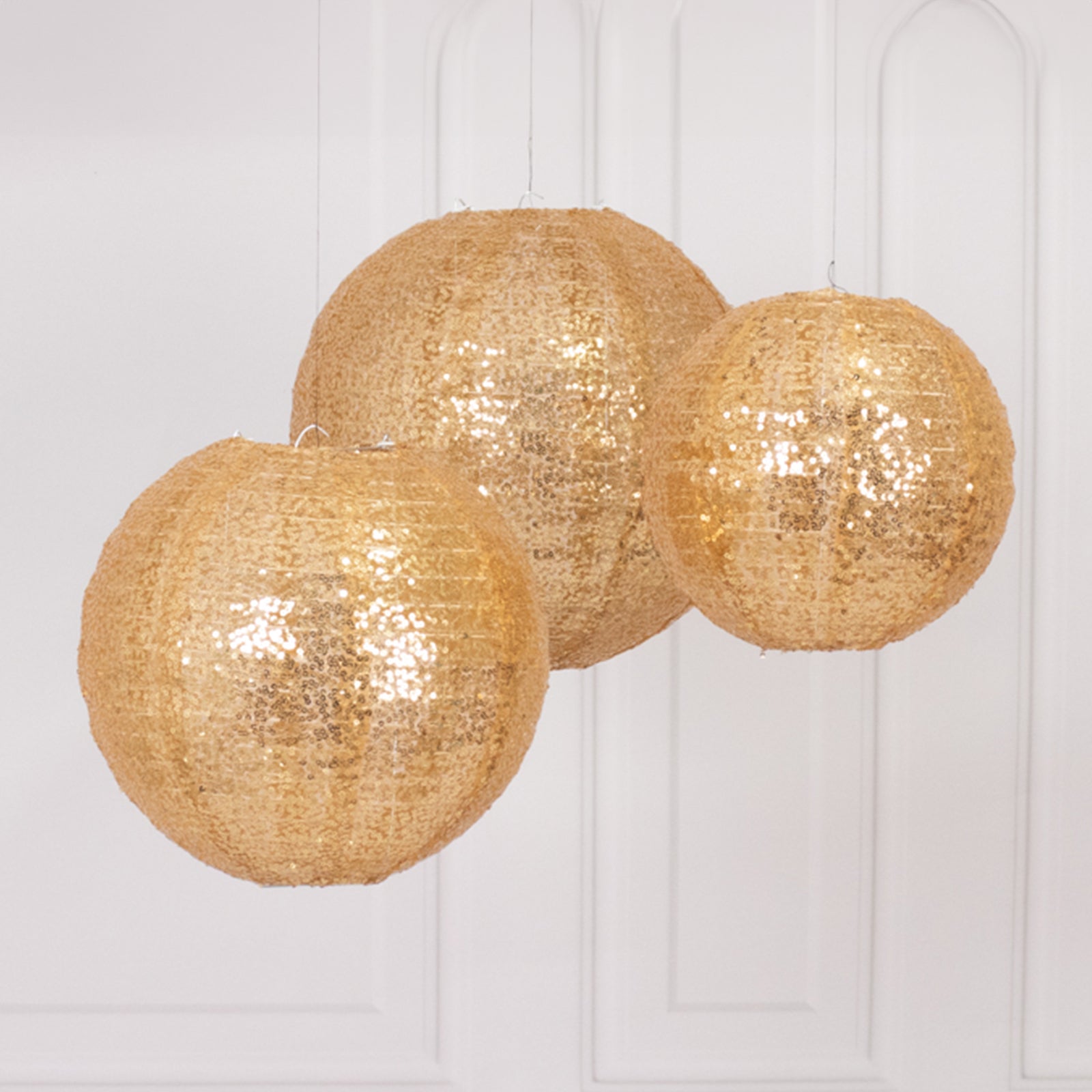 Set of 3 Glitter Gold Sequin Fabric Hanging Lanterns, Decorative Round Foldable Chinese Lantern Lampshades - 8",10",12" - Bell Racket Store